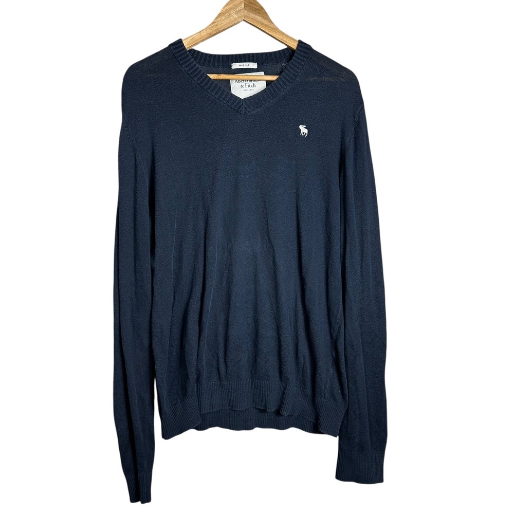 Abercrombie Fitch Mens Navy V Neck Sweater‎ Cashmere logo XL preppy layering